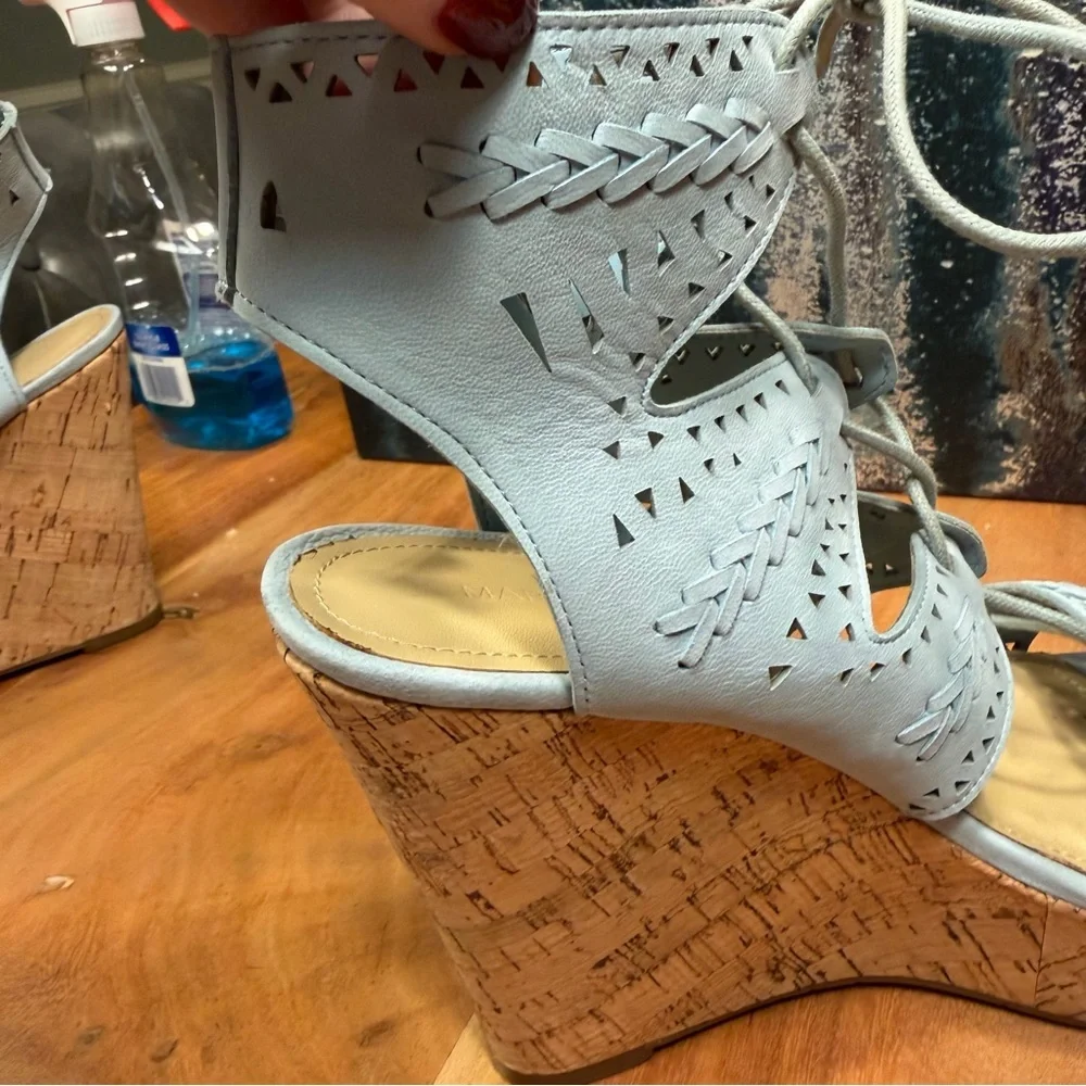 Marc Fisher Boho Chic Leather Lace-Up Cork Wedge Sandals – Light Blue (EUC)